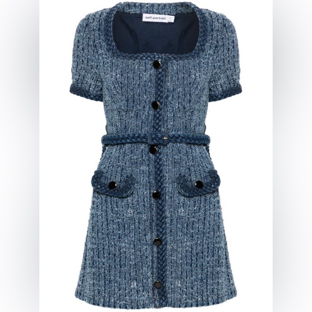 Self Portrait Denim Boucle Belted Mini Dress